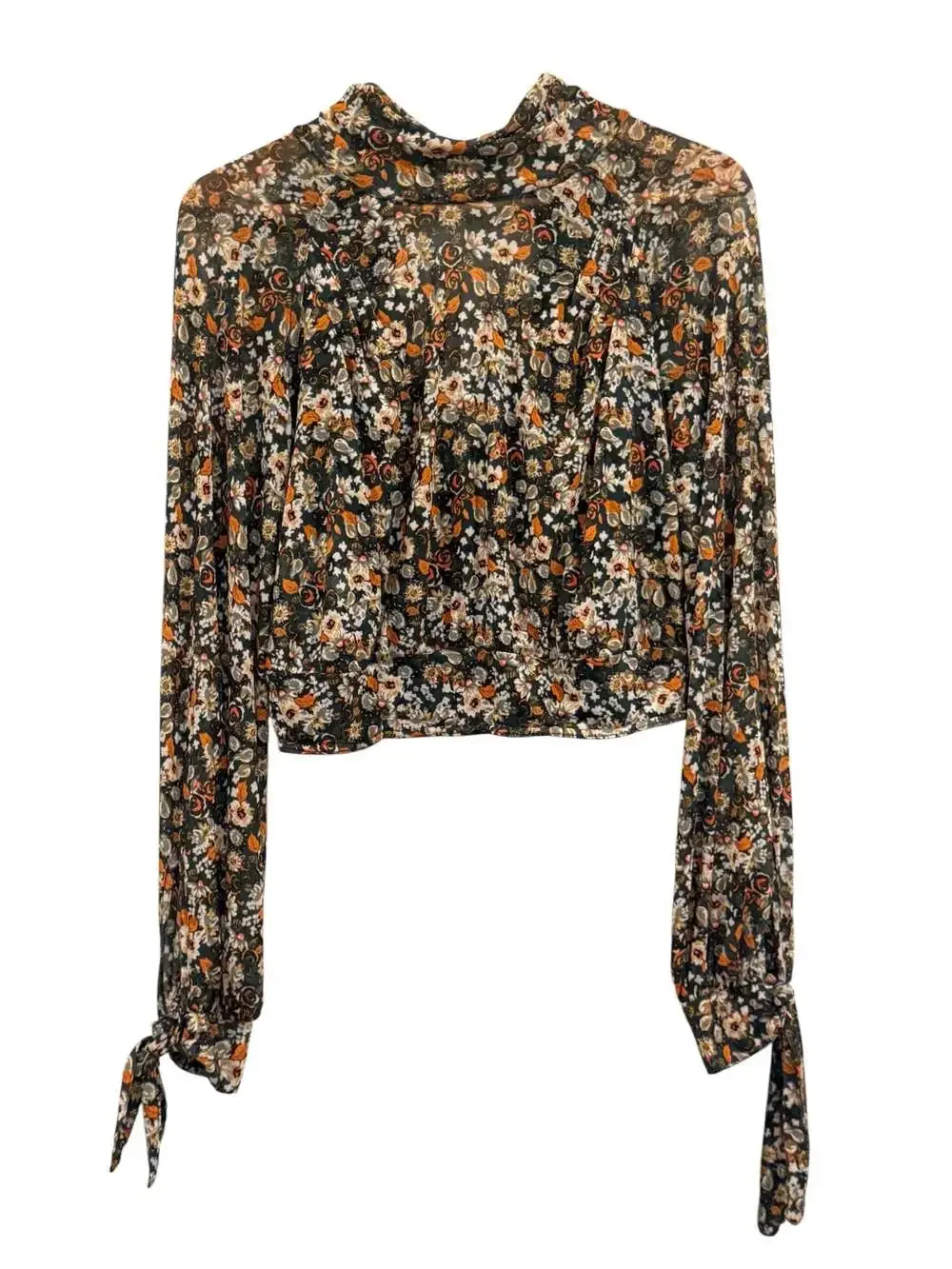 Free People All Dolled Up Sheer Mesh Jade Combo Mock Neck Crop Blouse